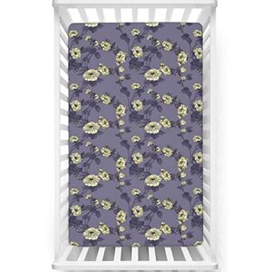 roses themed fitted mini crib sheets,portable mini crib sheets toddler bed mattress sheets-baby crib sheets for girl or boy,24“ x38“,dark violet ivory