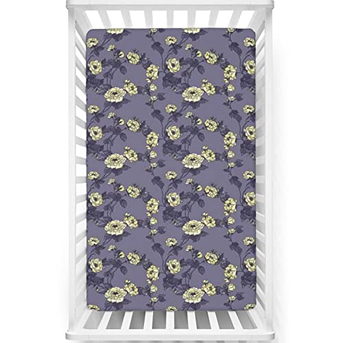 Roses Themed Fitted Mini Crib Sheets,Portable Mini Crib Sheets Toddler Bed Mattress Sheets-Baby Crib Sheets for Girl or Boy,24“ x38“,Dark Violet Ivory