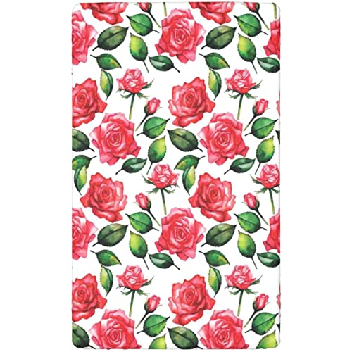 Rose Themed Fitted Mini Crib Sheets,Portable Mini Crib Sheets Soft Toddler Mattress Sheet Fitted-Great for Boy or Girl Room or Nursery,24“ x38“,White Green Red