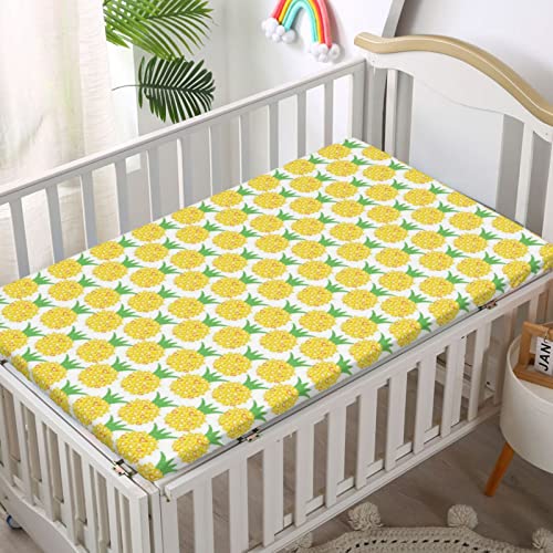 Pineapple Themed Fitted Mini Crib Sheets,Portable Mini Crib Sheets Ultra Soft Material-Baby Crib Sheets for Girl or Boy,24“ x38“,Yellow Shamrock Green