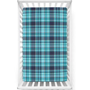 plaid themed fitted crib sheet,standard crib mattress fitted sheet toddler bed mattress sheets-baby crib sheets for girl or boy,28“ x52“,dark blue aqua white