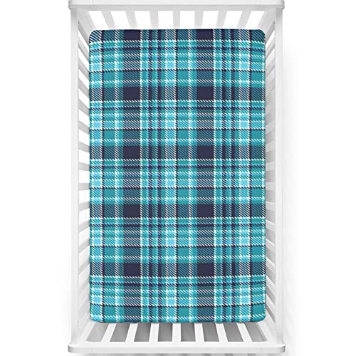 Plaid Themed Fitted Crib Sheet,Standard Crib Mattress Fitted Sheet Toddler Bed Mattress Sheets-Baby Crib Sheets for Girl or Boy,28“ x52“,Dark Blue Aqua White