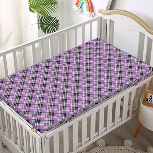 Plaid Themed Fitted Crib Sheet,Standard Crib Mattress Fitted Sheet Soft Toddler Mattress Sheet Fitted-Great for Boy or Girl Room or Nursery,28“ x52“,Lavender Violet Dimgray