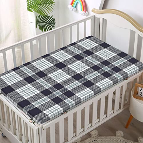 Plaid Themed Fitted Mini Crib Sheets,Portable Mini Crib Sheets Soft Toddler Mattress Sheet Fitted-Great for Boy or Girl Room or Nursery,24“ x38“,Indigo White and Pale Taupe