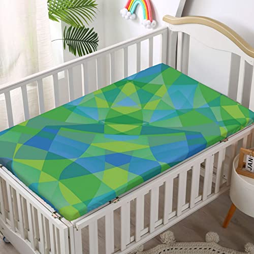 Polygons Themed Fitted Mini Crib Sheets,Portable Mini Crib Sheets Soft & Stretchy Fitted Crib Sheet-Baby Crib Sheets for Girl or Boy,24“ x38“,Green and Sea Blue