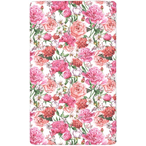 Roses Themed Fitted Mini Crib Sheets,Portable Mini Crib Sheets Toddler Bed Mattress Sheets-Baby Crib Sheets for Girl or Boy,24“ x38“,Multicolor