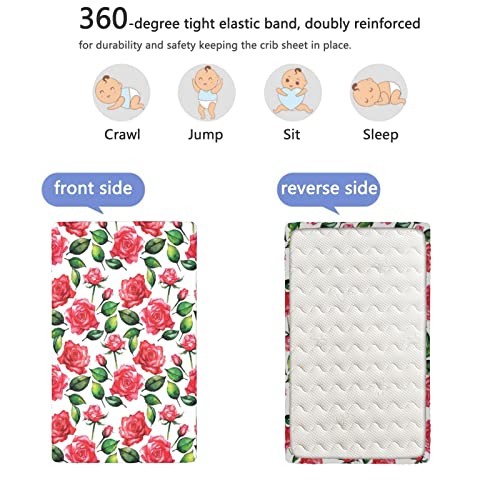 Rose Themed Fitted Mini Crib Sheets,Portable Mini Crib Sheets Soft Toddler Mattress Sheet Fitted-Great for Boy or Girl Room or Nursery,24“ x38“,White Green Red