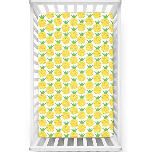 Pineapple Themed Fitted Mini Crib Sheets,Portable Mini Crib Sheets Ultra Soft Material-Baby Crib Sheets for Girl or Boy,24“ x38“,Yellow Shamrock Green