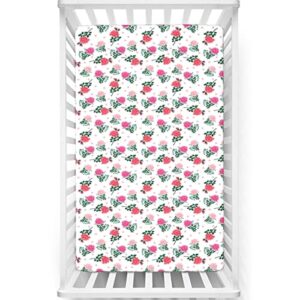 Rose Themed Fitted Mini Crib Sheets,Portable Mini Crib Sheets Soft and Breathable Bed Sheets-Great for Boy or Girl Room or Nursery,24“ x38“,Rose Dark Coral