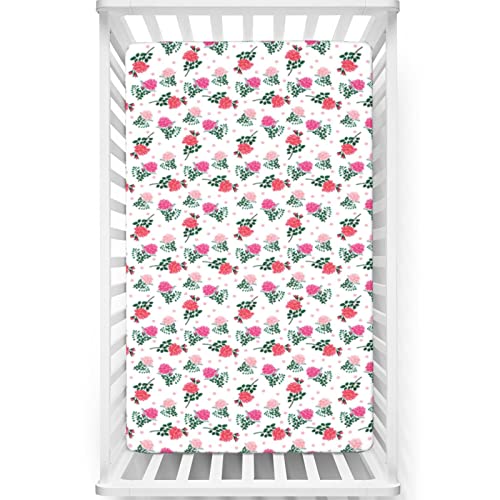 Rose Themed Fitted Mini Crib Sheets,Portable Mini Crib Sheets Soft and Breathable Bed Sheets-Great for Boy or Girl Room or Nursery,24“ x38“,Rose Dark Coral