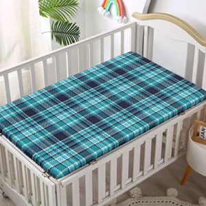 Plaid Themed Fitted Crib Sheet,Standard Crib Mattress Fitted Sheet Toddler Bed Mattress Sheets-Baby Crib Sheets for Girl or Boy,28“ x52“,Dark Blue Aqua White