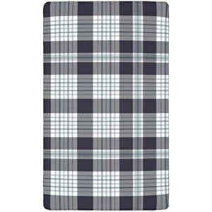 Plaid Themed Fitted Mini Crib Sheets,Portable Mini Crib Sheets Soft Toddler Mattress Sheet Fitted-Great for Boy or Girl Room or Nursery,24“ x38“,Indigo White and Pale Taupe