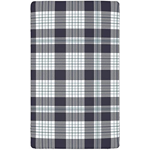 Plaid Themed Fitted Mini Crib Sheets,Portable Mini Crib Sheets Soft Toddler Mattress Sheet Fitted-Great for Boy or Girl Room or Nursery,24“ x38“,Indigo White and Pale Taupe