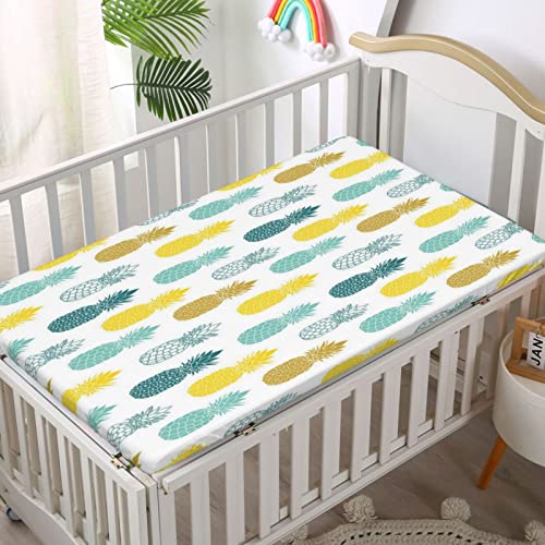 Pineapple Themed Fitted Mini Crib Sheets,Portable Mini Crib Sheets Soft and Breathable Bed Sheets-Baby Sheet for Boys Girls,24“ x38“,White and Multicolor