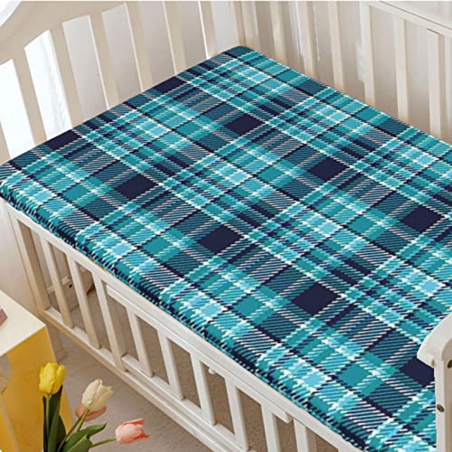 Plaid Themed Fitted Crib Sheet,Standard Crib Mattress Fitted Sheet Toddler Bed Mattress Sheets-Baby Crib Sheets for Girl or Boy,28“ x52“,Dark Blue Aqua White