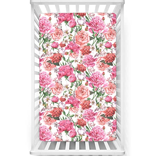 Roses Themed Fitted Mini Crib Sheets,Portable Mini Crib Sheets Toddler Bed Mattress Sheets-Baby Crib Sheets for Girl or Boy,24“ x38“,Multicolor