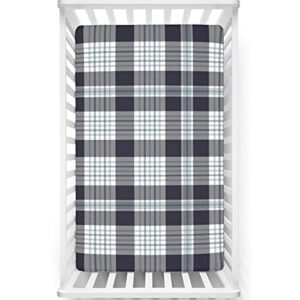 plaid themed fitted mini crib sheets,portable mini crib sheets soft toddler mattress sheet fitted-great for boy or girl room or nursery,24“ x38“,indigo white and pale taupe