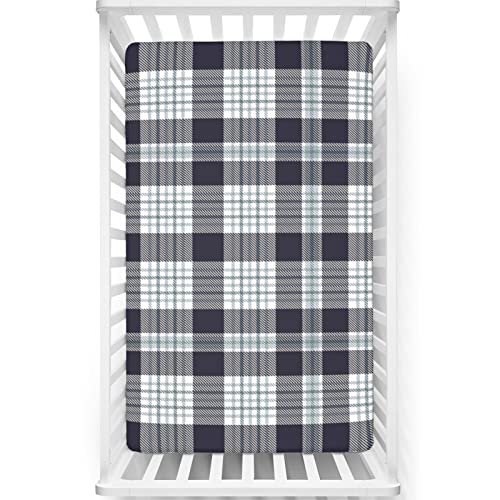 Plaid Themed Fitted Mini Crib Sheets,Portable Mini Crib Sheets Soft Toddler Mattress Sheet Fitted-Great for Boy or Girl Room or Nursery,24“ x38“,Indigo White and Pale Taupe