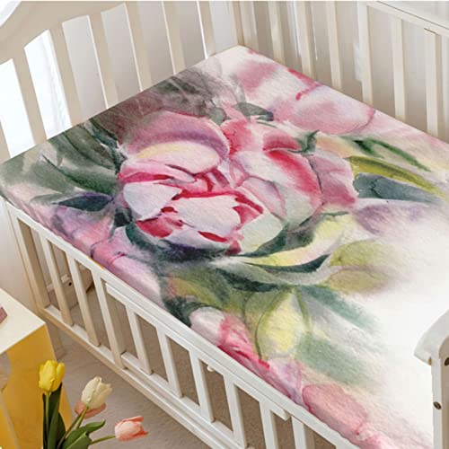 Peony Themed Fitted Crib Sheet,Standard Crib Mattress Fitted Sheet Soft Toddler Mattress Sheet Fitted-Crib Mattress Sheet or Toddler Bed Sheet,28“ x52“,Dark Pink Slate Brown Dusk and Dried Rose