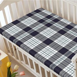 Plaid Themed Fitted Mini Crib Sheets,Portable Mini Crib Sheets Soft Toddler Mattress Sheet Fitted-Great for Boy or Girl Room or Nursery,24“ x38“,Indigo White and Pale Taupe