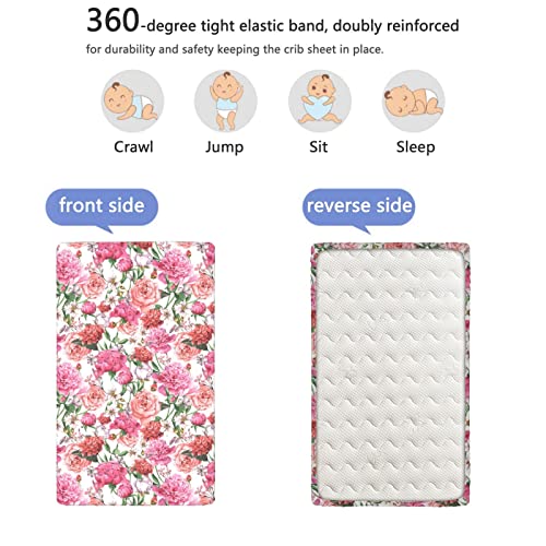 Roses Themed Fitted Mini Crib Sheets,Portable Mini Crib Sheets Toddler Bed Mattress Sheets-Baby Crib Sheets for Girl or Boy,24“ x38“,Multicolor