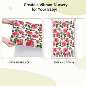 Rose Themed Fitted Mini Crib Sheets,Portable Mini Crib Sheets Soft Toddler Mattress Sheet Fitted-Great for Boy or Girl Room or Nursery,24“ x38“,White Green Red