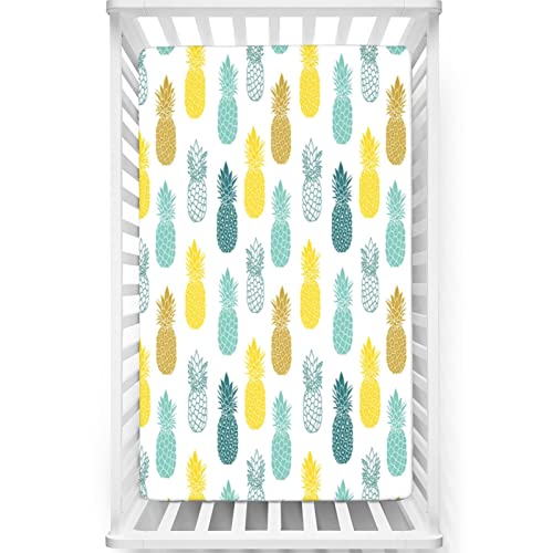 Pineapple Themed Fitted Mini Crib Sheets,Portable Mini Crib Sheets Soft and Breathable Bed Sheets-Baby Sheet for Boys Girls,24“ x38“,White and Multicolor