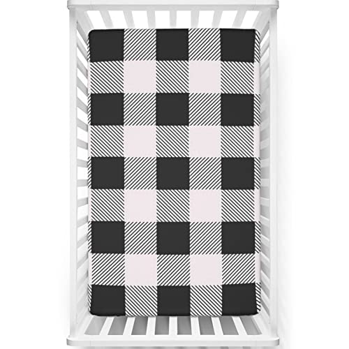 Plaid Themed Fitted Mini Crib Sheets,Portable Mini Crib Sheets Ultra Soft Material-Great for Boy or Girl Room or Nursery,24“ x38“,Pale Grey and Black