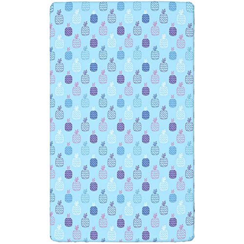 Pineapple Themed Fitted Mini Crib Sheets,Portable Mini Crib Sheets Ultra Soft Material-Baby Crib Sheets for Girl or Boy,24“ x38“,Baby Blue and Multicolor