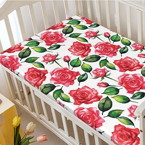 Rose Themed Fitted Mini Crib Sheets,Portable Mini Crib Sheets Soft Toddler Mattress Sheet Fitted-Great for Boy or Girl Room or Nursery,24“ x38“,White Green Red