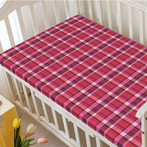 Plaid Themed Fitted Crib Sheet,Standard Crib Mattress Fitted Sheet Ultra Soft Material-Baby Sheet for Boys Girls,28“ x52“,Pink and Pale Maroon