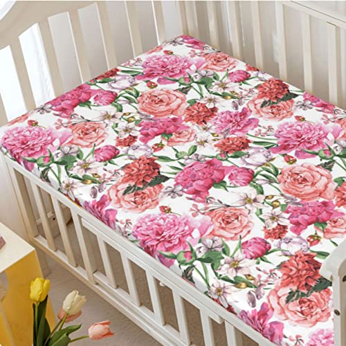 Roses Themed Fitted Mini Crib Sheets,Portable Mini Crib Sheets Toddler Bed Mattress Sheets-Baby Crib Sheets for Girl or Boy,24“ x38“,Multicolor