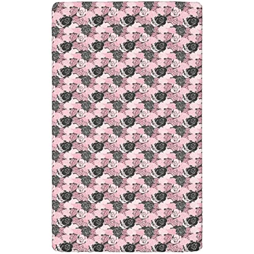 Roses Themed Fitted Crib Sheet,Standard Crib Mattress Fitted Sheet Soft Toddler Mattress Sheet Fitted-Baby Crib Sheets for Girl or Boy,28“ x52“,Charcoal Grey Pale Pink Black