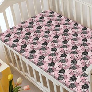 Roses Themed Fitted Crib Sheet,Standard Crib Mattress Fitted Sheet Soft Toddler Mattress Sheet Fitted-Baby Crib Sheets for Girl or Boy,28“ x52“,Charcoal Grey Pale Pink Black