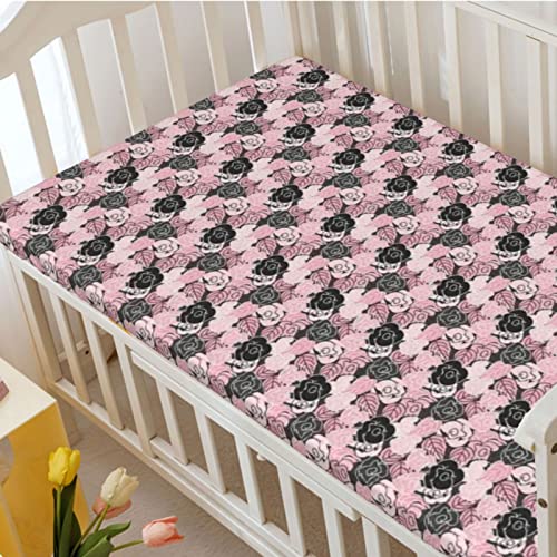 Roses Themed Fitted Crib Sheet,Standard Crib Mattress Fitted Sheet Soft Toddler Mattress Sheet Fitted-Baby Crib Sheets for Girl or Boy,28“ x52“,Charcoal Grey Pale Pink Black