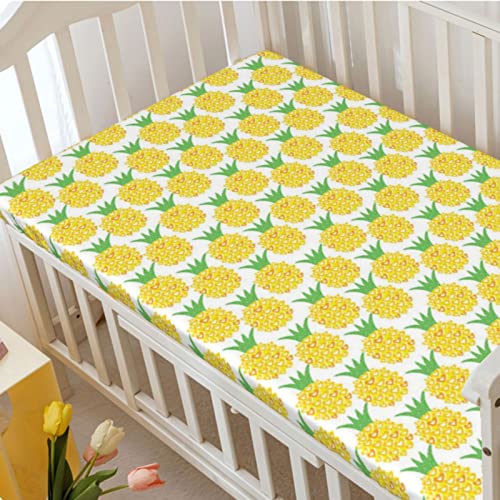 Pineapple Themed Fitted Mini Crib Sheets,Portable Mini Crib Sheets Ultra Soft Material-Baby Crib Sheets for Girl or Boy,24“ x38“,Yellow Shamrock Green