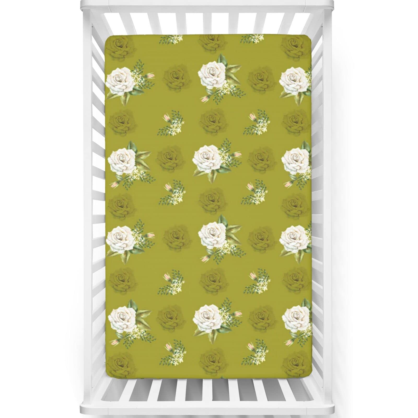 Rose Flower Themed Fitted Mini Crib Sheets,Portable Mini Crib Sheets Soft & Stretchy Fitted Crib Sheet-Crib Mattress Sheet or Toddler Bed Sheet,24“ x38“,Dark Khaki Olive Green