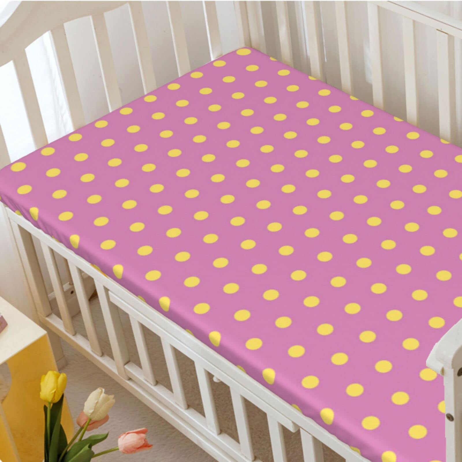 Polka Dot Themed Fitted Mini Crib Sheets,Portable Mini Crib Sheets Soft & Stretchy Fitted Crib Sheet-Baby Sheet for Boys Girls,24“ x38“,Mustard Pale Fuchsia