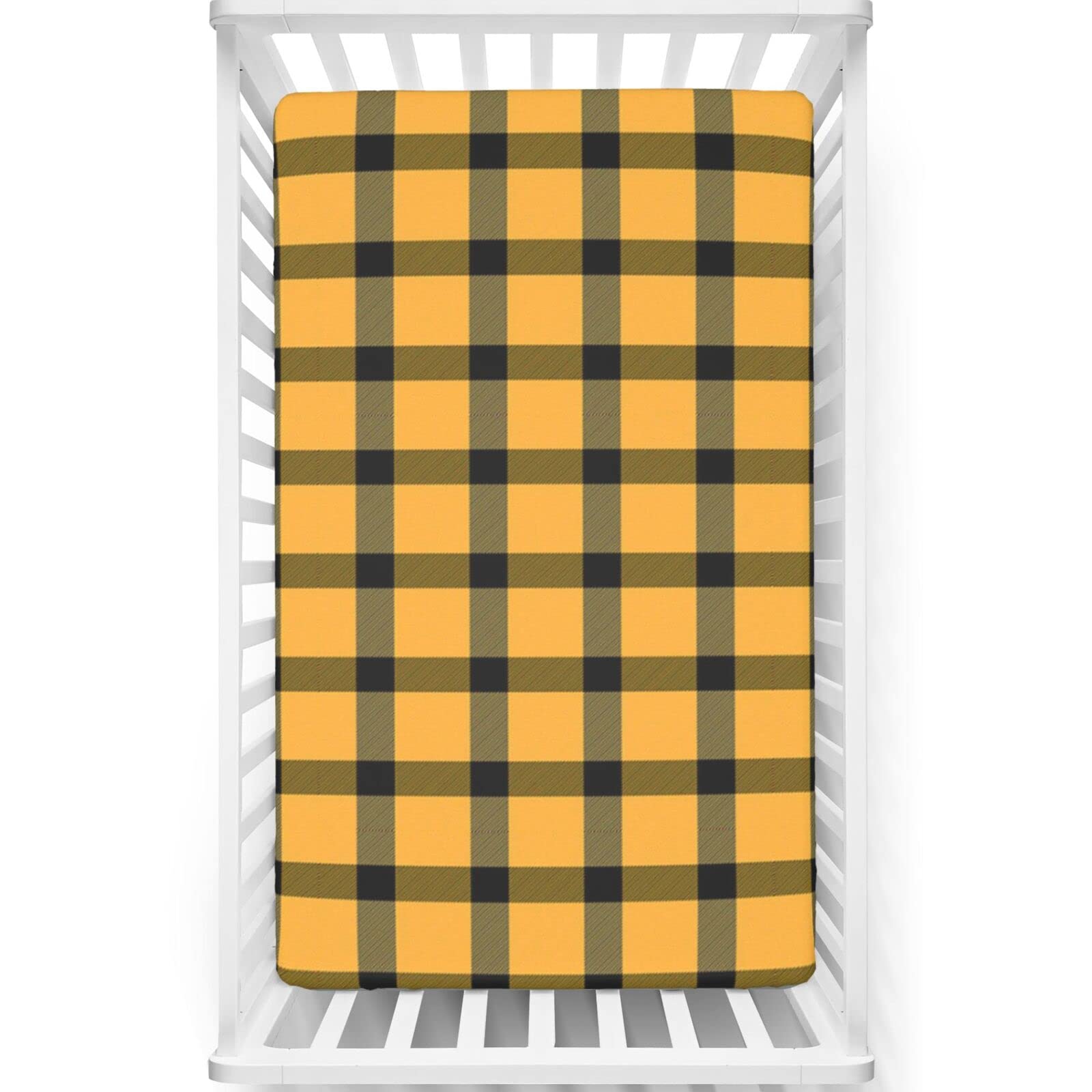 Plaid Themed Fitted Mini Crib Sheets,Portable Mini Crib Sheets Toddler Bed Mattress Sheets-Crib Mattress Sheet or Toddler Bed Sheet,24“ x38“,Black and Pale Orange