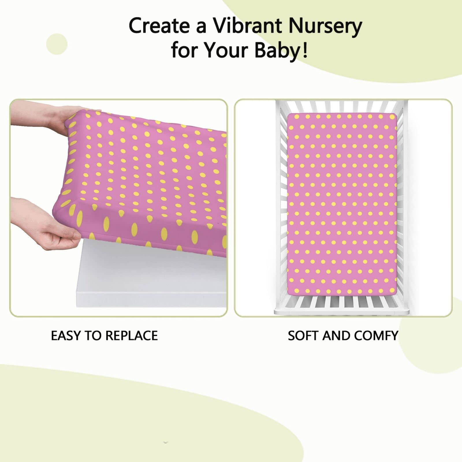 Polka Dot Themed Fitted Mini Crib Sheets,Portable Mini Crib Sheets Soft & Stretchy Fitted Crib Sheet-Baby Sheet for Boys Girls,24“ x38“,Mustard Pale Fuchsia