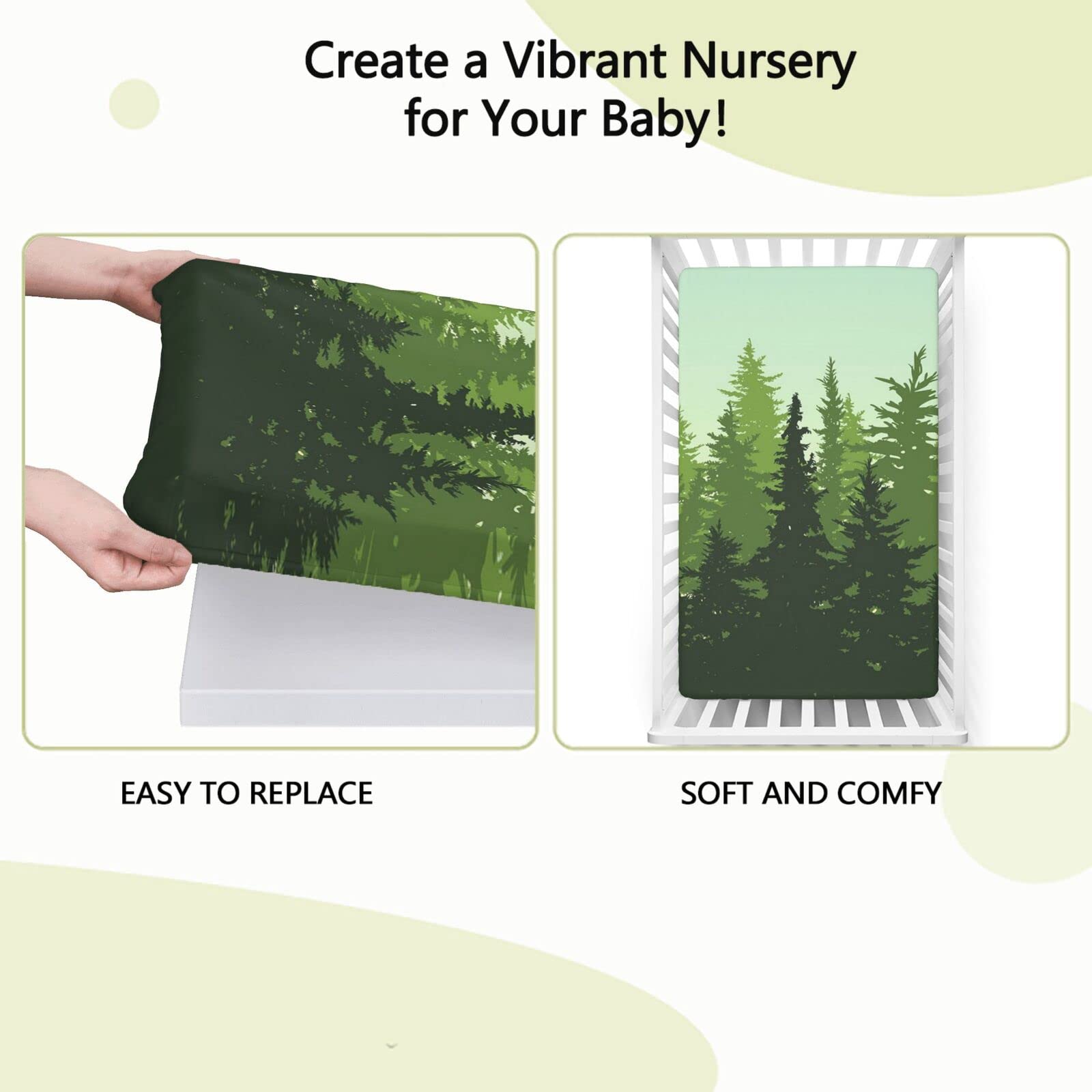 Pine Tree Themed Fitted Mini Crib Sheets,Portable Mini Crib Sheets Soft & Stretchy Fitted Crib Sheet-Great for Boy or Girl Room or Nursery,24“ x38“,Forest Green Mint Green