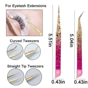 2pcs Double Ended Nail Art Tweezers for Women,Stainless Steel Tweezer Set Straight Tip Curved Tweezers Precision Lash Tweezers for Eyelash Extensions Pointed Tweezers for Crafts Rhinestone Picker Tool