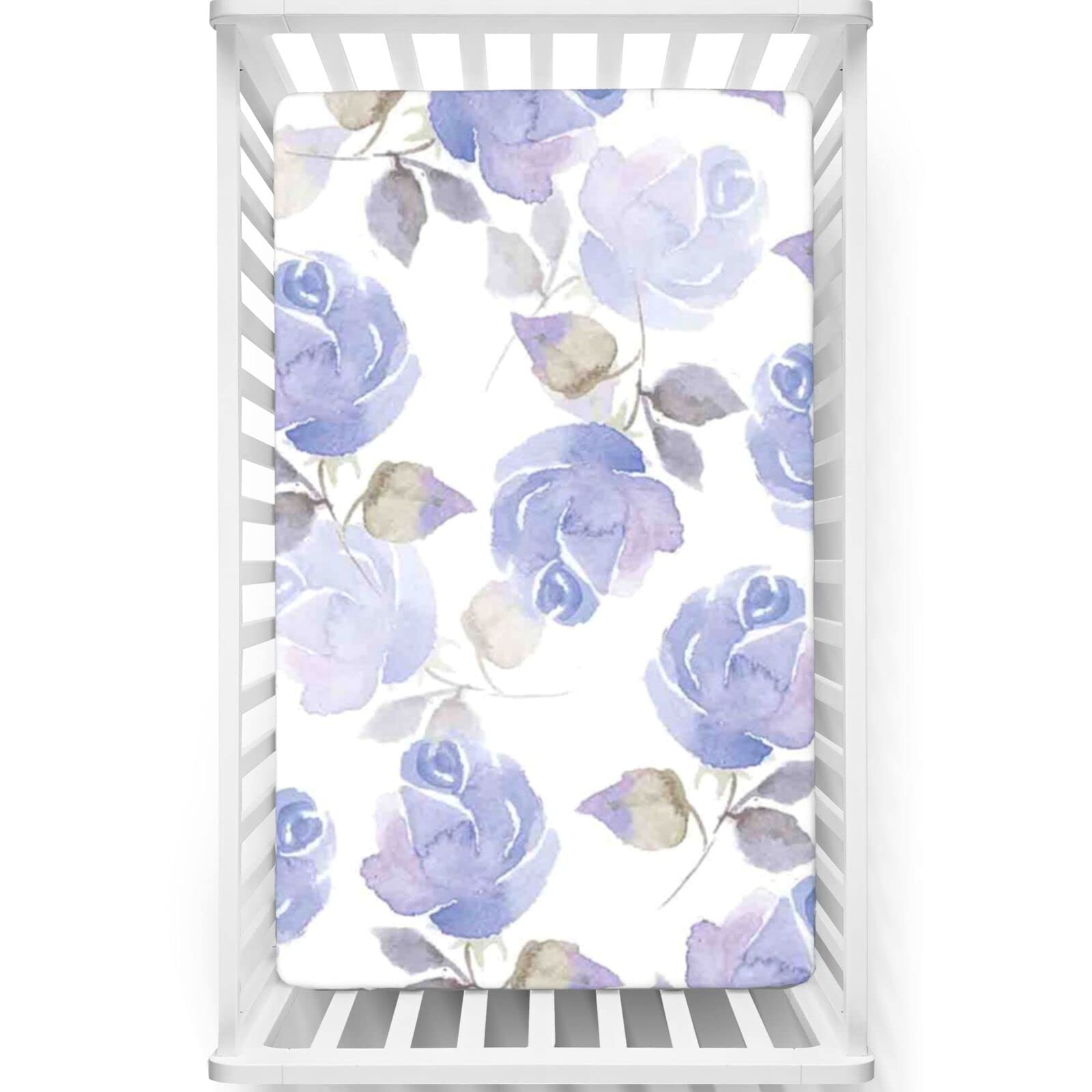 Rose Themed Fitted Mini Crib Sheets,Portable Mini Crib Sheets Soft & Stretchy Fitted Crib Sheet-Crib Mattress Sheet or Toddler Bed Sheet,24“ x38“,Blue White