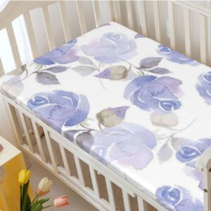 Rose Themed Fitted Mini Crib Sheets,Portable Mini Crib Sheets Soft & Stretchy Fitted Crib Sheet-Crib Mattress Sheet or Toddler Bed Sheet,24“ x38“,Blue White