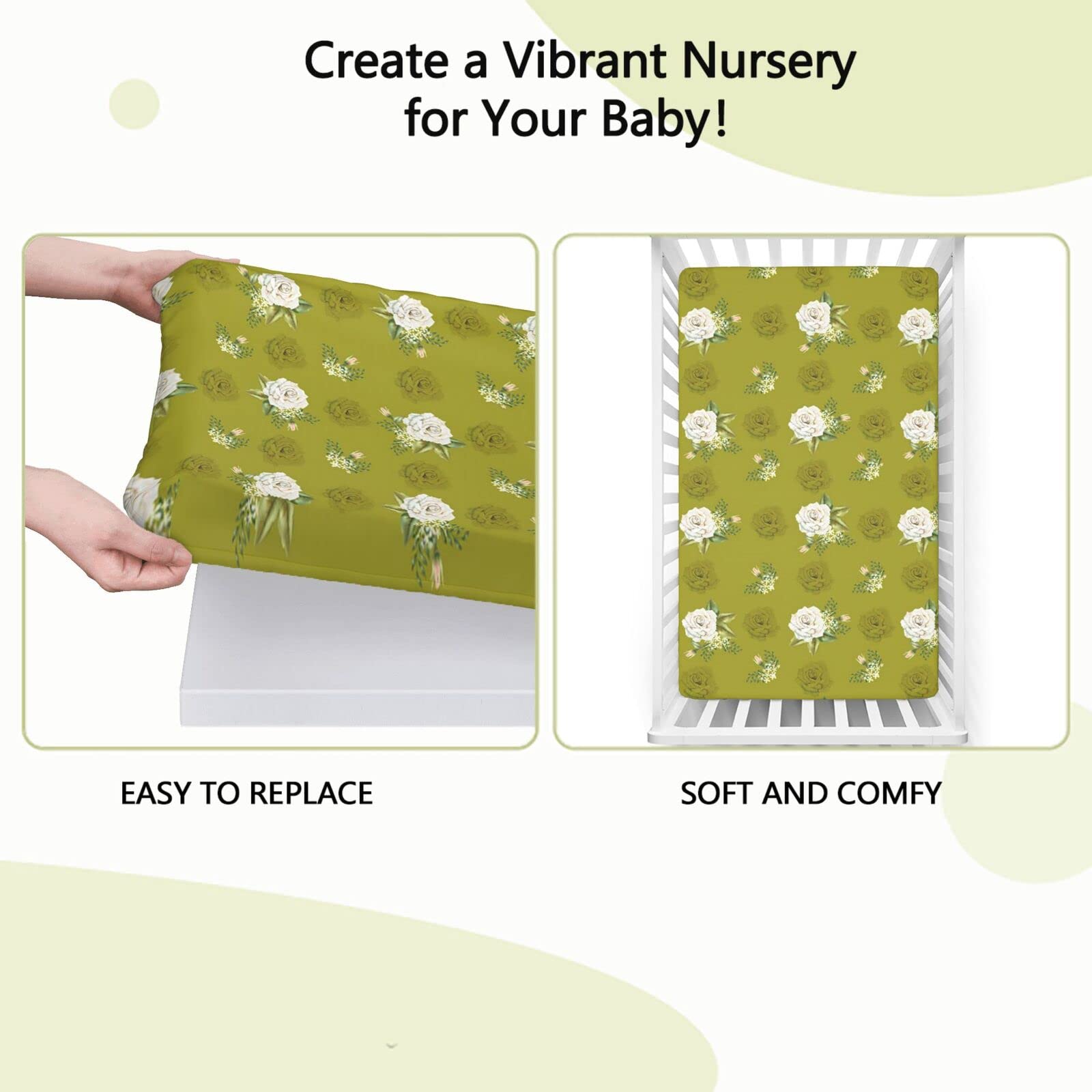 Rose Flower Themed Fitted Mini Crib Sheets,Portable Mini Crib Sheets Soft & Stretchy Fitted Crib Sheet-Crib Mattress Sheet or Toddler Bed Sheet,24“ x38“,Dark Khaki Olive Green