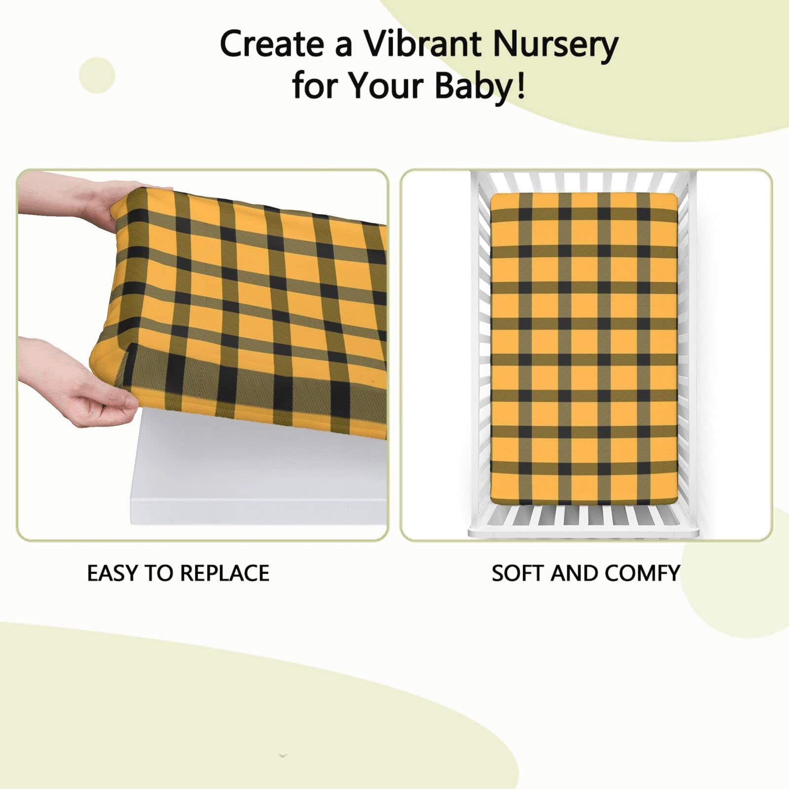 Plaid Themed Fitted Mini Crib Sheets,Portable Mini Crib Sheets Toddler Bed Mattress Sheets-Crib Mattress Sheet or Toddler Bed Sheet,24“ x38“,Black and Pale Orange