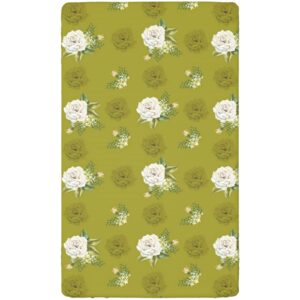 Rose Flower Themed Fitted Mini Crib Sheets,Portable Mini Crib Sheets Soft & Stretchy Fitted Crib Sheet-Crib Mattress Sheet or Toddler Bed Sheet,24“ x38“,Dark Khaki Olive Green