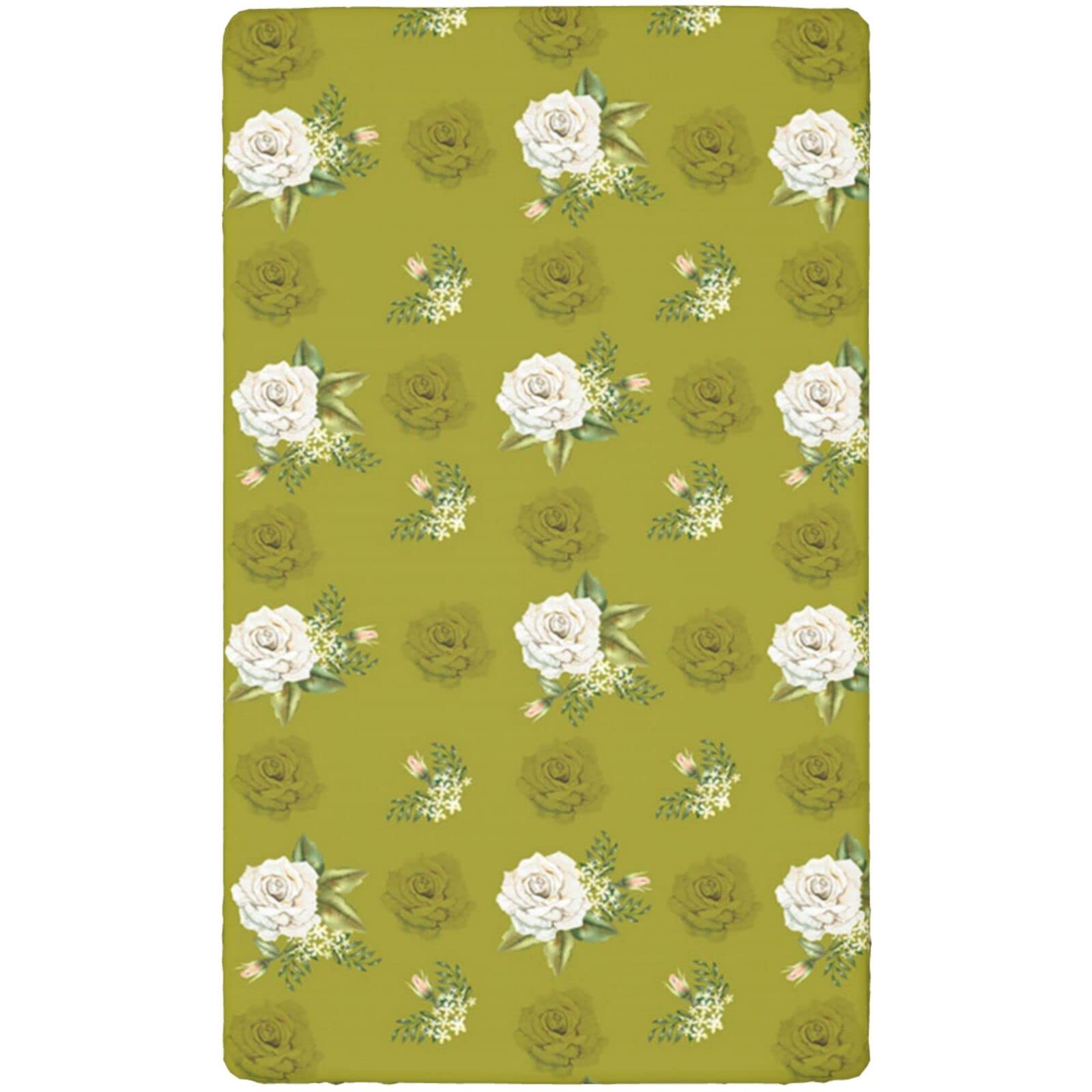 Rose Flower Themed Fitted Mini Crib Sheets,Portable Mini Crib Sheets Soft & Stretchy Fitted Crib Sheet-Crib Mattress Sheet or Toddler Bed Sheet,24“ x38“,Dark Khaki Olive Green