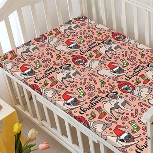 Pug Themed Fitted Mini Crib Sheets,Portable Mini Crib Sheets Soft Toddler Mattress Sheet Fitted-Baby Crib Sheets for Girl or Boy,24“ x38“,Green Rose Red