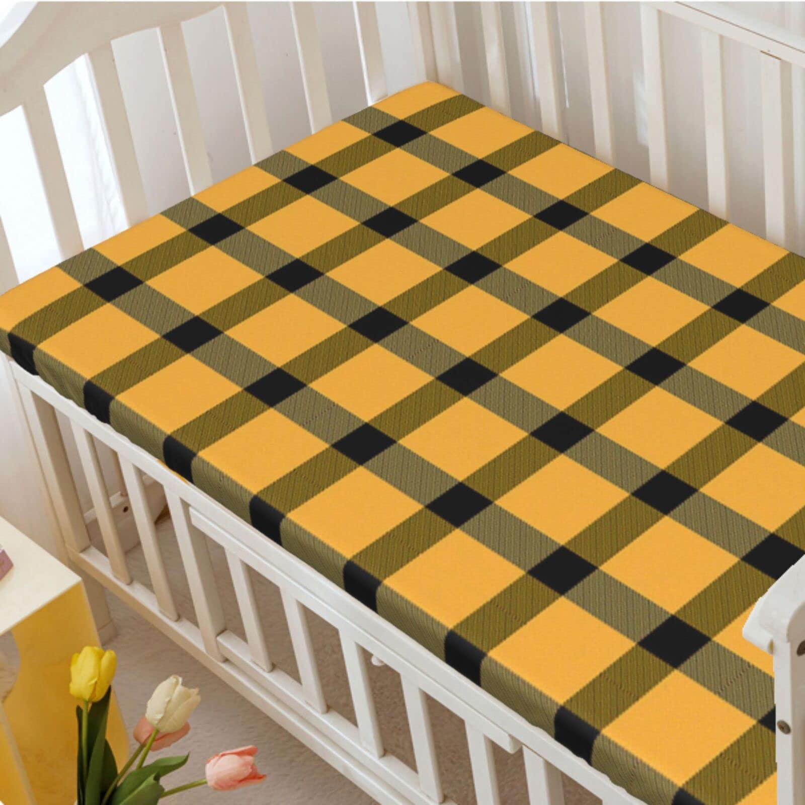 Plaid Themed Fitted Mini Crib Sheets,Portable Mini Crib Sheets Toddler Bed Mattress Sheets-Crib Mattress Sheet or Toddler Bed Sheet,24“ x38“,Black and Pale Orange